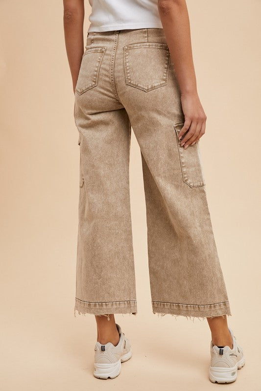 Annie Wear Raw Hem Wide Leg Jeans with Cargo Pockets