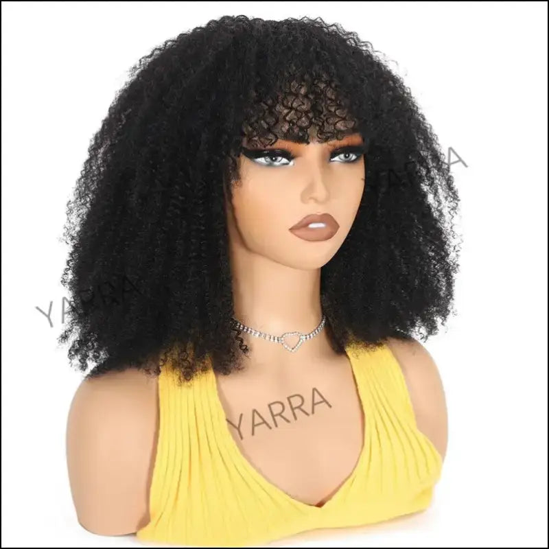 180% Density Afro Kinky Curly Human Hair Wig with Bangs for Black Women - Brazilian 100% Remy Full Machine-Made Natural