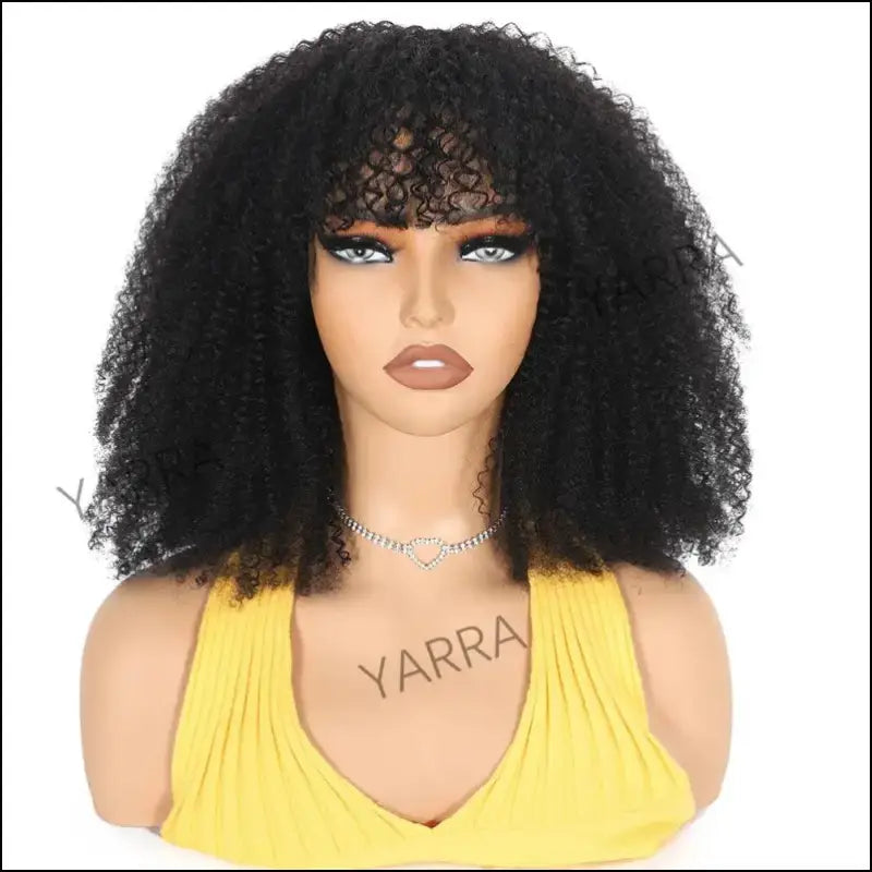 180% Density Afro Kinky Curly Human Hair Wig with Bangs for Black Women - Brazilian 100% Remy Full Machine-Made Natural