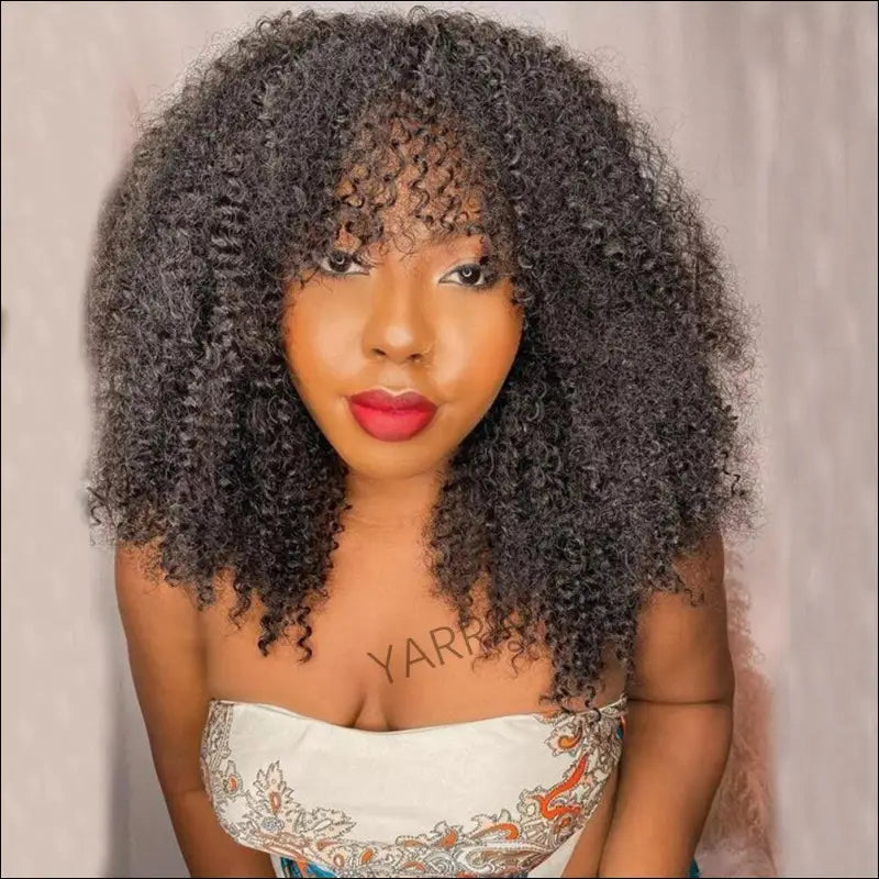 180% Density Afro Kinky Curly Human Hair Wig with Bangs for Black Women - Brazilian 100% Remy Full Machine-Made Natural