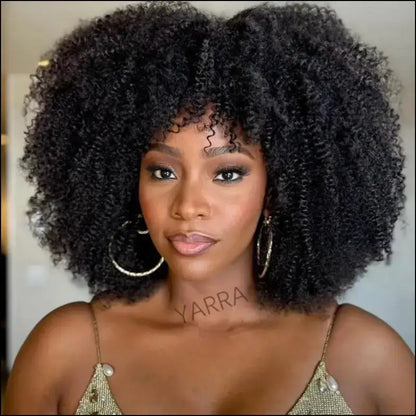 180% Density Afro Kinky Curly Human Hair Wig with Bangs for Black Women - Brazilian 100% Remy Full Machine-Made Natural