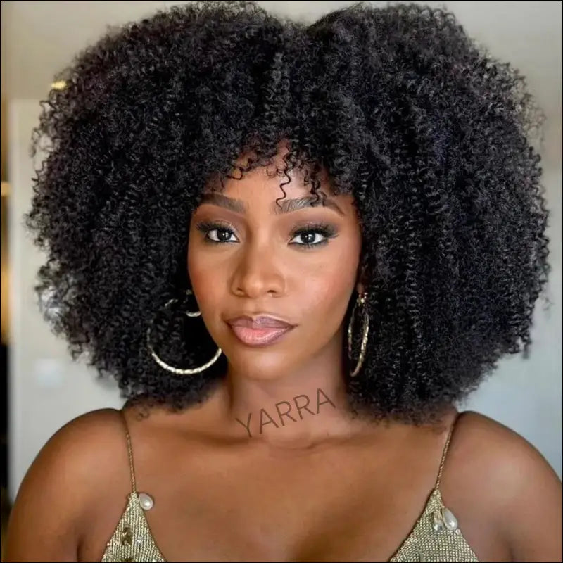 180% Density Afro Kinky Curly Human Hair Wig with Bangs for Black Women - Brazilian 100% Remy Full Machine-Made Natural