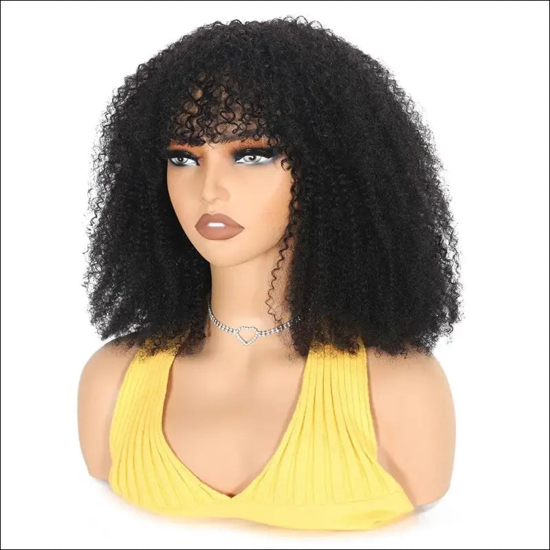 180% Density Afro Kinky Curly Human Hair Wig with Bangs for Black Women - Brazilian 100% Remy Full Machine-Made Natural