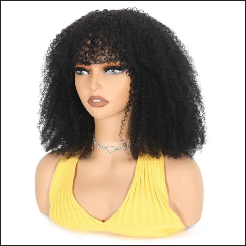 180% Density Afro Kinky Curly Human Hair Wig with Bangs for Black Women - Brazilian 100% Remy Full Machine-Made Natural