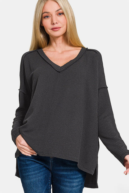 Zenana Texture Exposed Seam V-Neck Long Sleeve T-Shirt