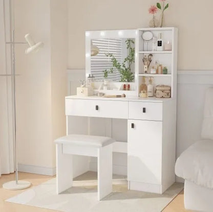 Vanity Desk With Lights, Vanity Set With Mirror, Makeup Vanity Desk With Large Drawers Three Level Storage Dreeser, VanitysVanities With 3 Lights Brightness Adjustable For Bedroom, White