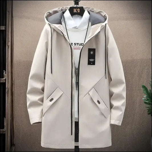 2023 Spring Men’s Classic Fashion Trend Long Windbreaker Men Casual Loose Large Size High-Quality Hooded Coat - beige