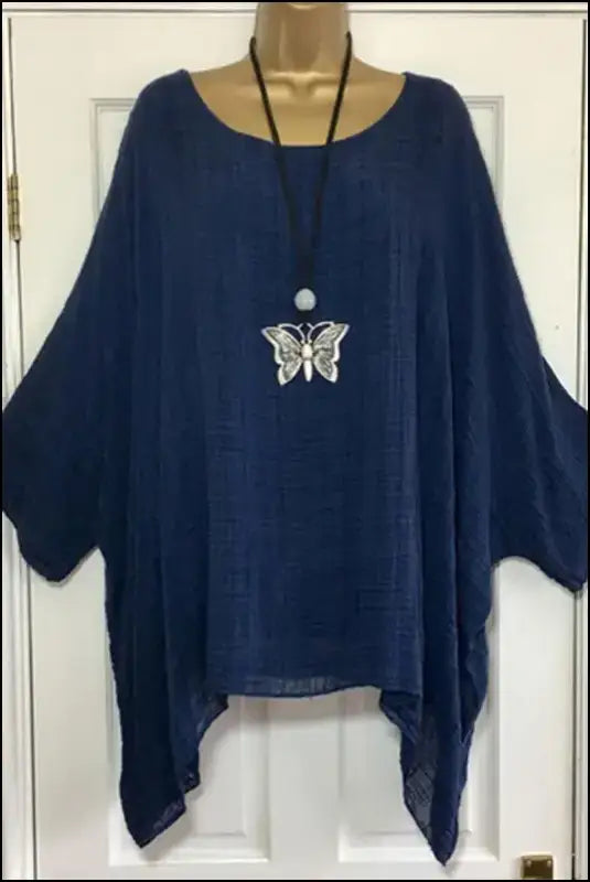 ’2023 Women’s Autumn Batwing Sleeve Blouse - Casual Elegance with Loose Fit & O-Neck Design’ - Navy Blue / 5XL