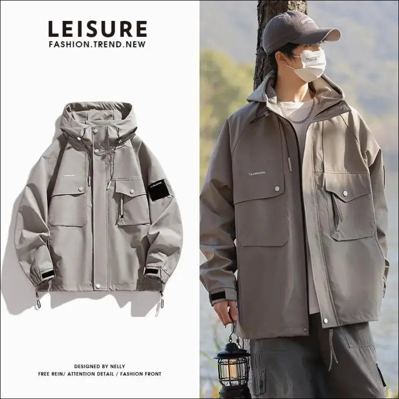 2024 New Spring Men’s Jacket Korean Fashion Hooded Windbreaker Unisex Multi-Pocket Casual Oversized Coat Plus Size up