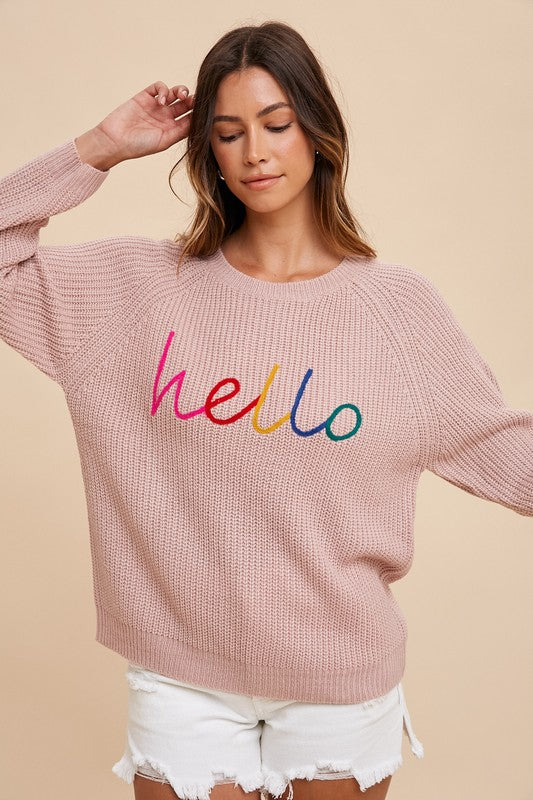 Annie Wear HELLO Embroidered Raglan Sleeve Sweater