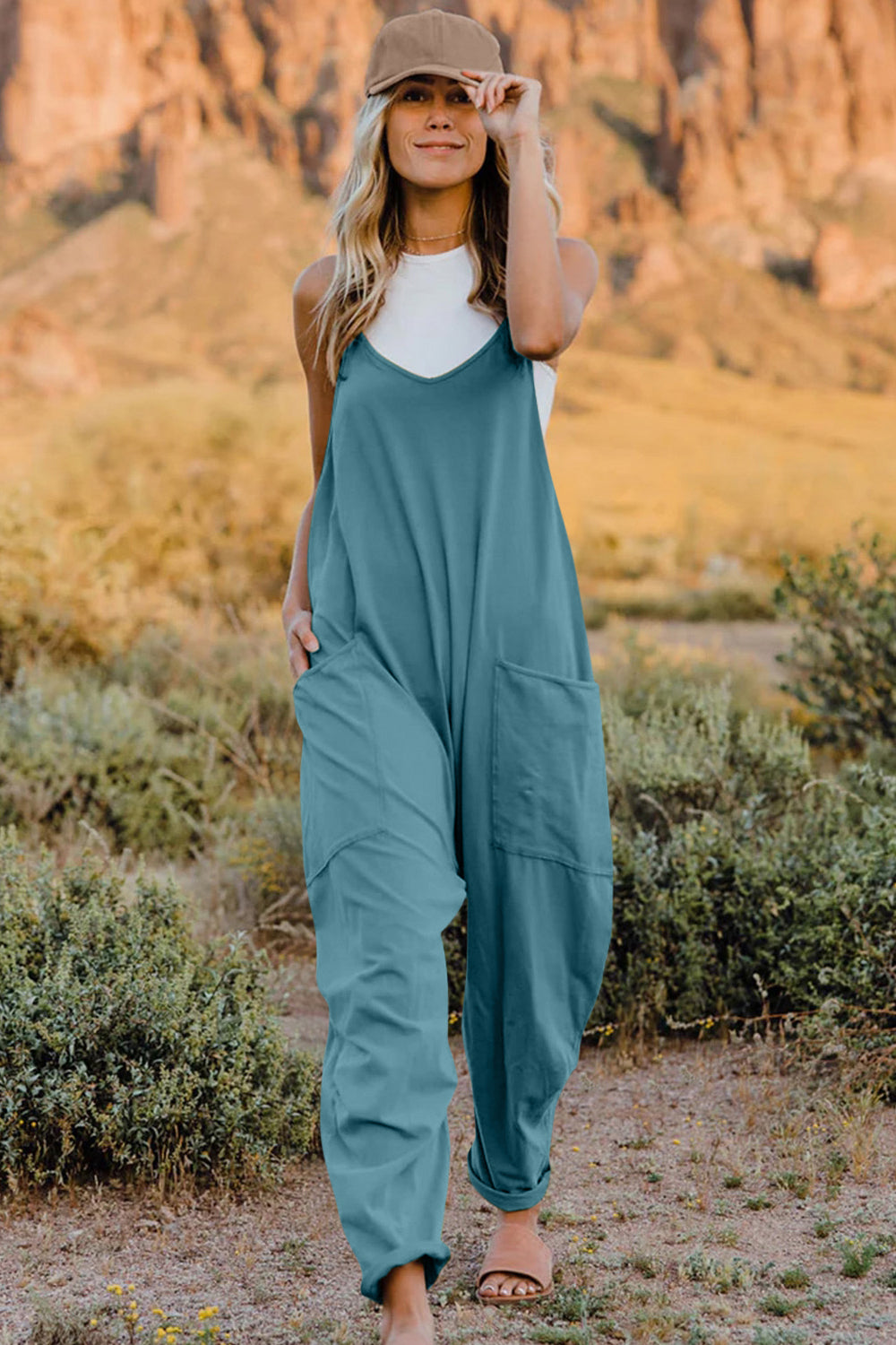 Double Take Full Size V-Neck Sleeveless Jumpsuit with Pockets