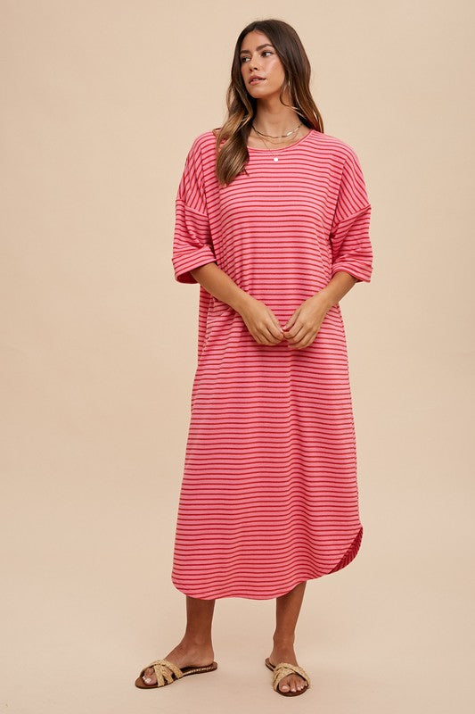 Annie Wear Striped Round Neck Terry Midi Dress