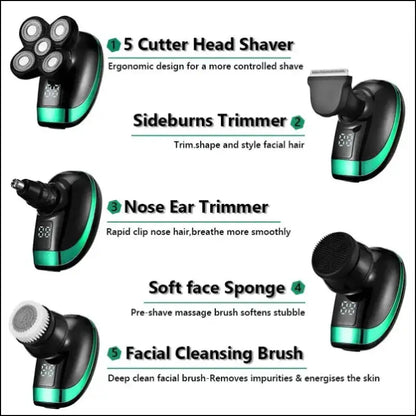 5-in-1 4D Rechargeable Bald Head Electric Shaver for Men - 5 Floating Heads Beard Nose Ear Hair Trimmer Razor