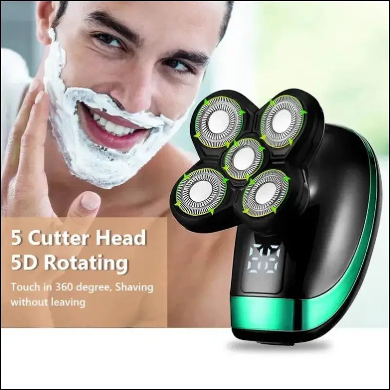 5-in-1 4D Rechargeable Bald Head Electric Shaver for Men - 5 Floating Heads Beard Nose Ear Hair Trimmer Razor