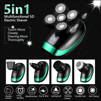 5-in-1 4D Rechargeable Bald Head Electric Shaver for Men - 5 Floating Heads Beard Nose Ear Hair Trimmer Razor