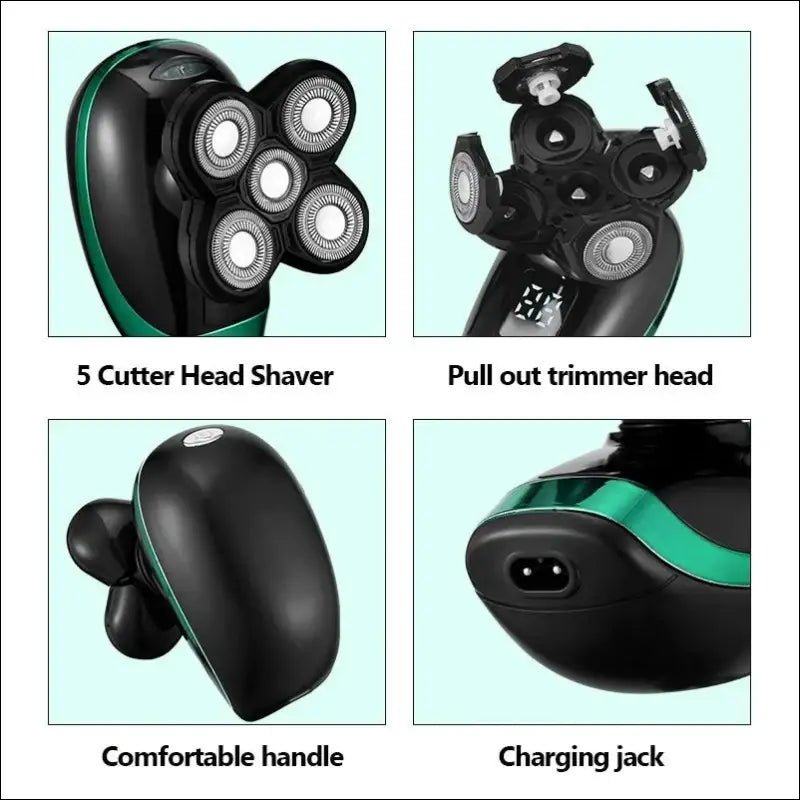 5-in-1 4D Rechargeable Bald Head Electric Shaver for Men - 5 Floating Heads Beard Nose Ear Hair Trimmer Razor