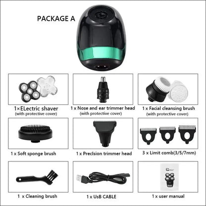 5-in-1 4D Rechargeable Bald Head Electric Shaver for Men - 5 Floating Heads Beard Nose Ear Hair Trimmer Razor