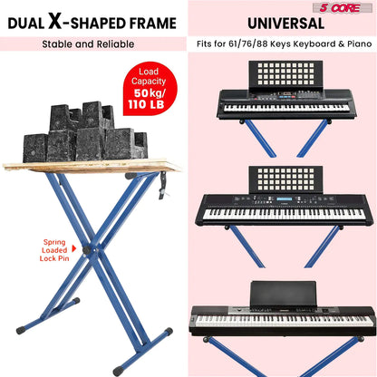 5Core Keyboard Stand Double X Style Adjustable Piano Riser BLUE + Keyboard Piano Bench BLACK