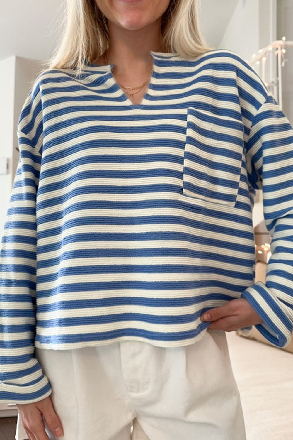 Stripe Chest Pocket Notched Top