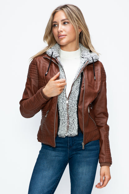 YMI Faux Layered Double-Zipper Jacket with Fuzzy Hood