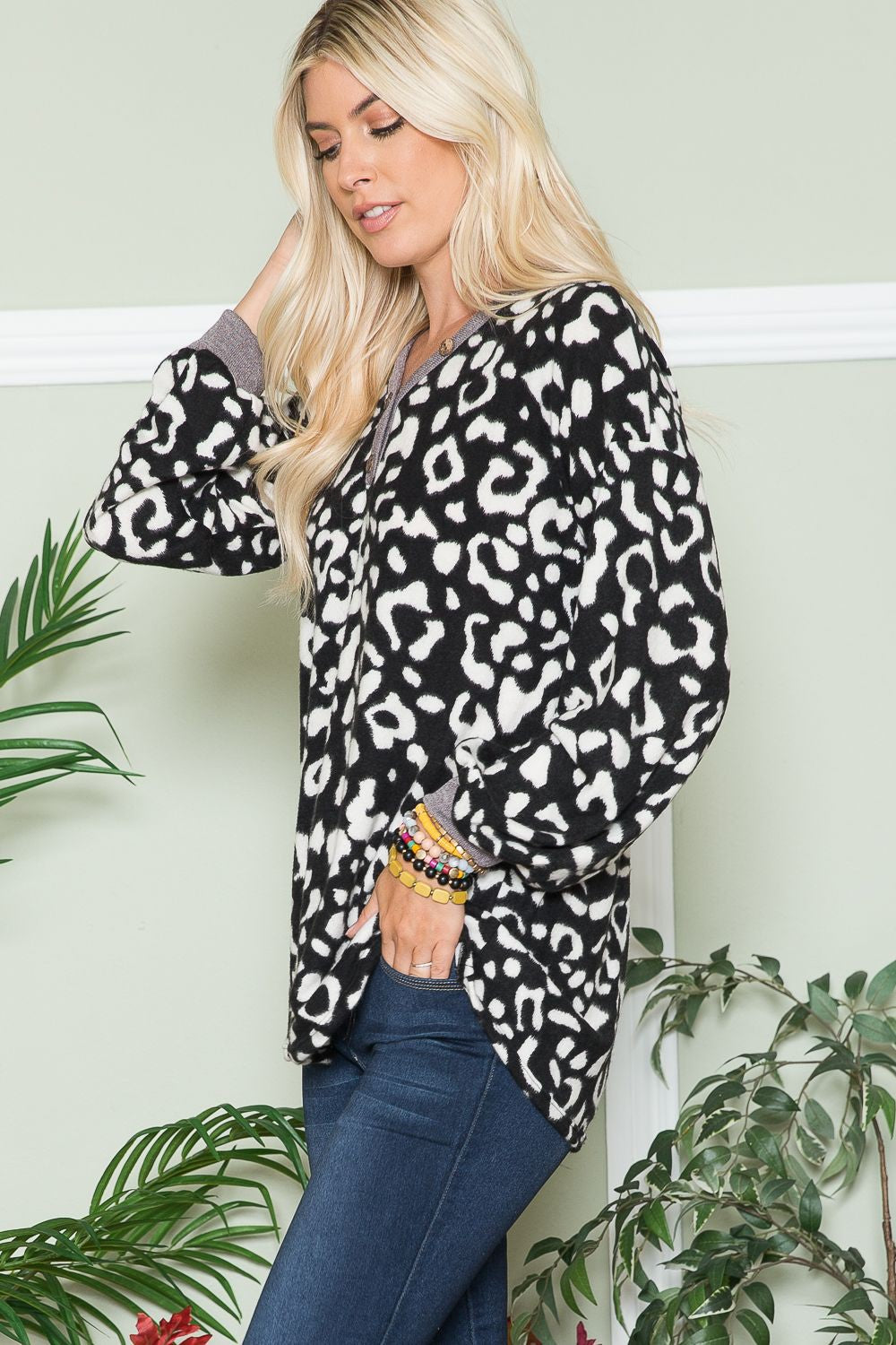 Celeste Full Size Leopard V-Neck Long Sleeve Blouse