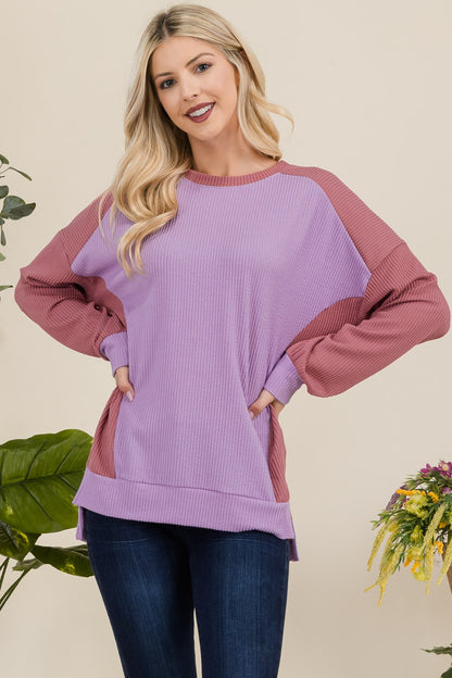 Celeste Full Size High-Low Contrast Round Neck Sweatshirt