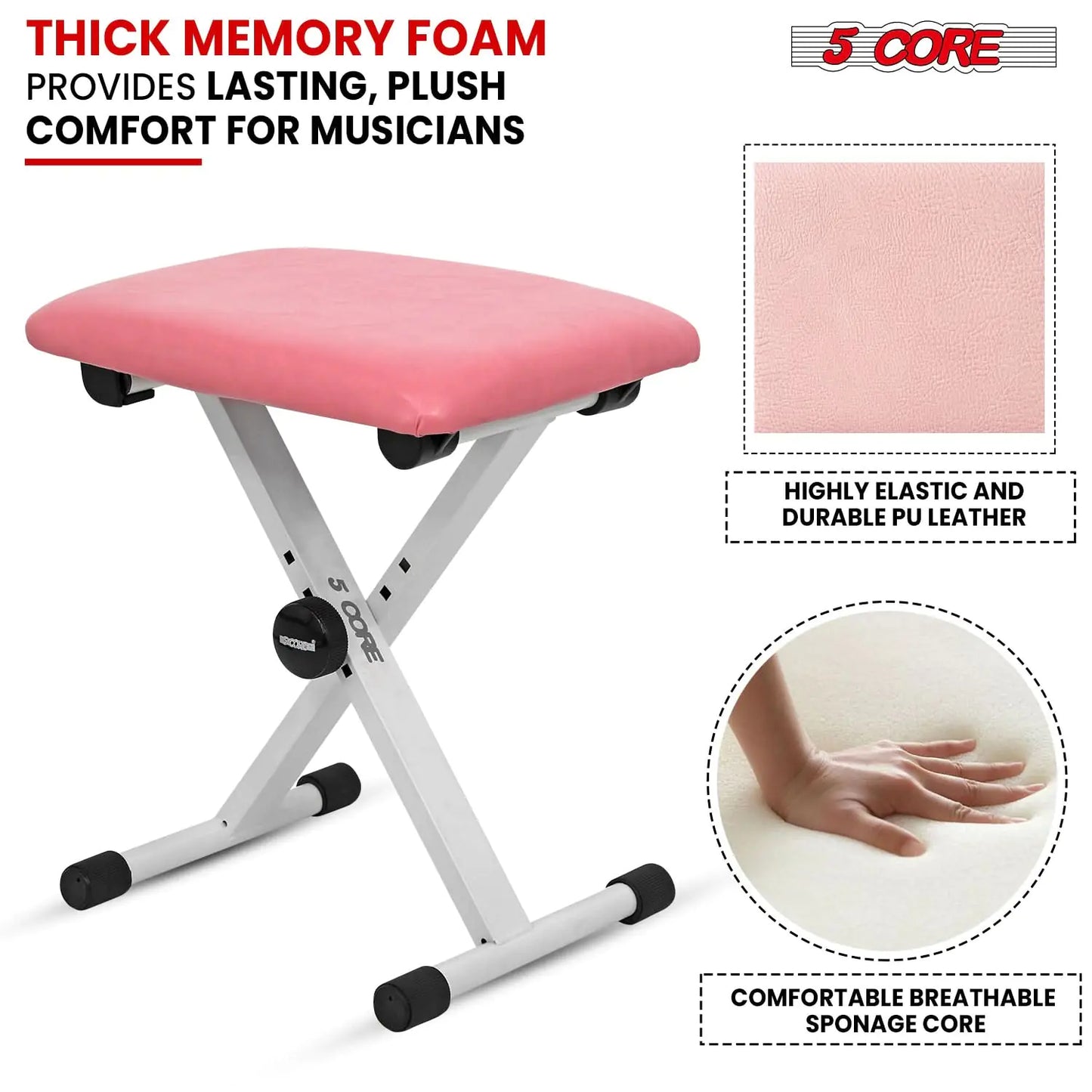 5 Core Keyboard Bench X Style Piano Stool Padded Adjustable Keyboards Chair Pink