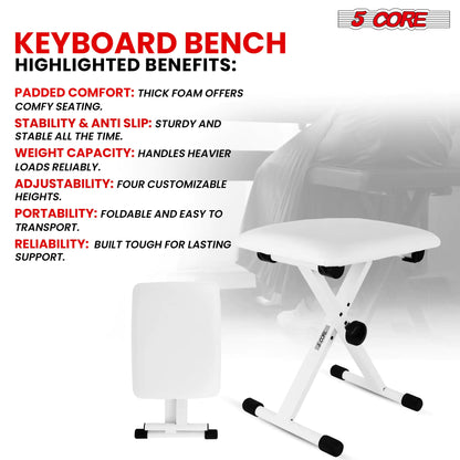 5 Core Keyboard Bench X Style Piano Stool Padded Adjustable Keyboards Chair White