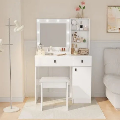 Vanity Desk With Lights, Vanity Set With Mirror, Makeup Vanity Desk With Large Drawers Three Level Storage Dreeser, VanitysVanities With 3 Lights Brightness Adjustable For Bedroom, White