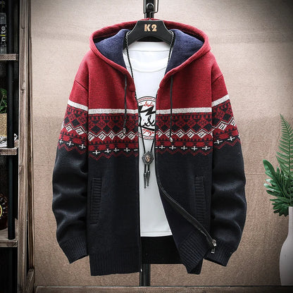 Men's New Winter Plaid Sweater Hooded Cardigan Cold Coat Wool Zipper Jacket Autumn Fleece Warm Clothes Checkered Knit Jumper