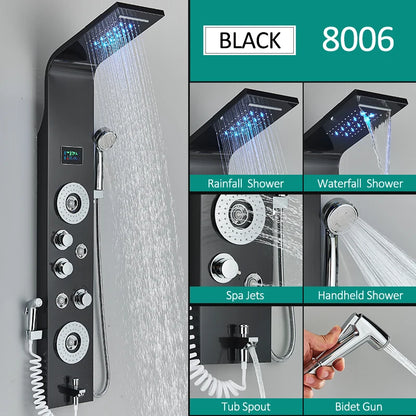 Black Nickel LED Shower Panel Six Functions Shower Column Rain Waterfall Shower Massage Spa Jets Tub Shower With Bidet Bath Taps