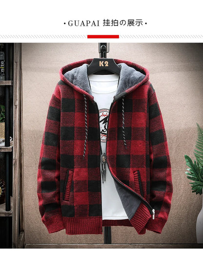 Men's New Winter Plaid Sweater Hooded Cardigan Cold Coat Wool Zipper Jacket Autumn Fleece Warm Clothes Checkered Knit Jumper