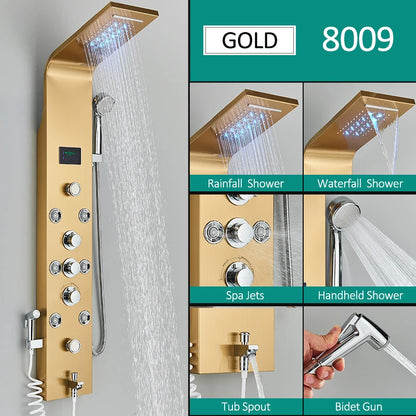 Black Nickel LED Shower Panel Six Functions Shower Column Rain Waterfall Shower Massage Spa Jets Tub Shower With Bidet Bath Taps