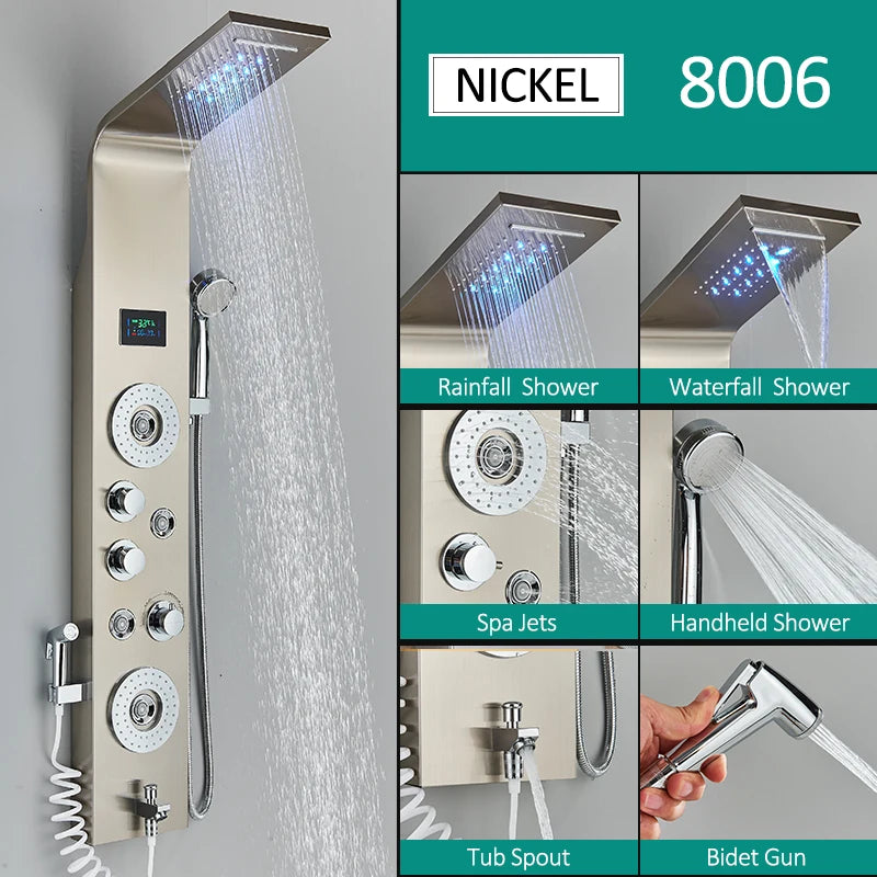 Black Nickel LED Shower Panel Six Functions Shower Column Rain Waterfall Shower Massage Spa Jets Tub Shower With Bidet Bath Taps