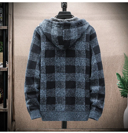 Men's New Winter Plaid Sweater Hooded Cardigan Cold Coat Wool Zipper Jacket Autumn Fleece Warm Clothes Checkered Knit Jumper