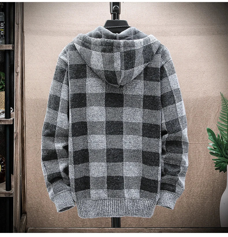 Men's New Winter Plaid Sweater Hooded Cardigan Cold Coat Wool Zipper Jacket Autumn Fleece Warm Clothes Checkered Knit Jumper