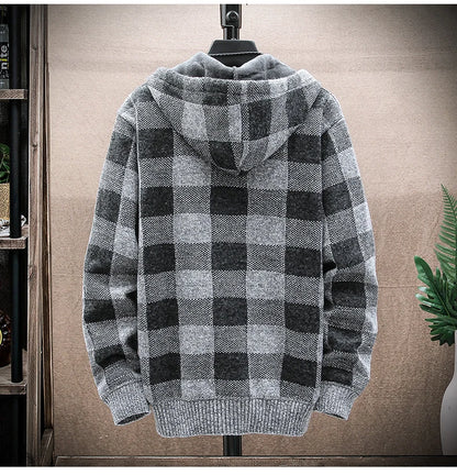 Men's New Winter Plaid Sweater Hooded Cardigan Cold Coat Wool Zipper Jacket Autumn Fleece Warm Clothes Checkered Knit Jumper