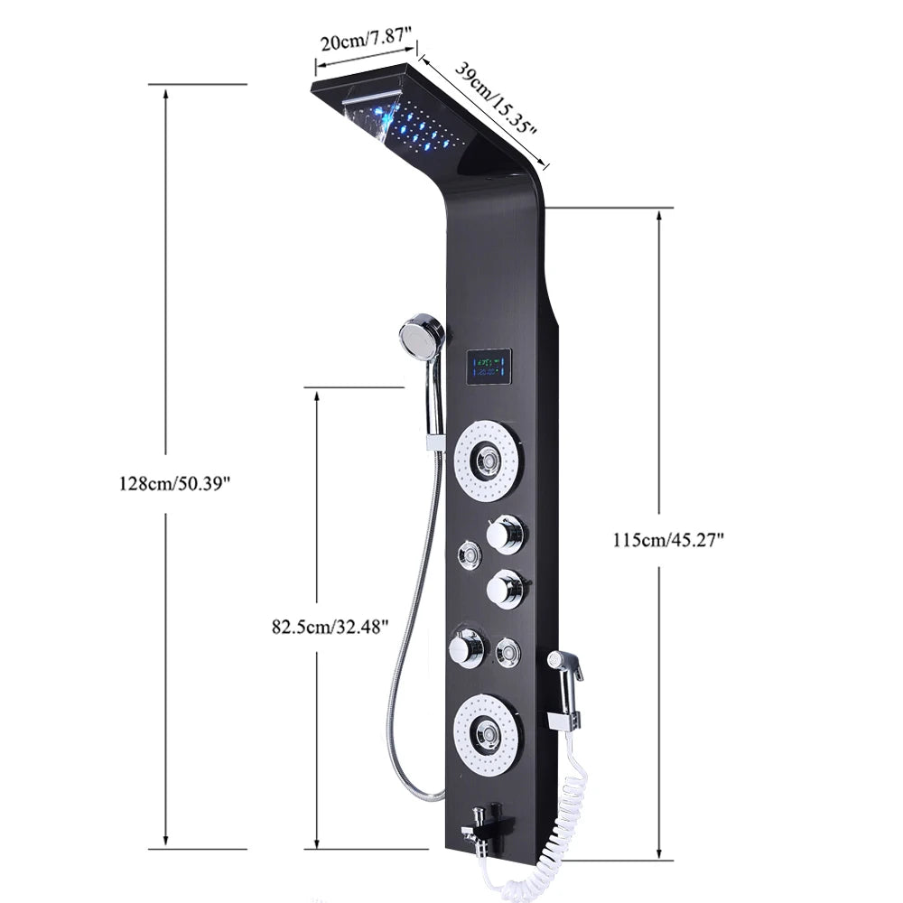 Black Nickel LED Shower Panel Six Functions Shower Column Rain Waterfall Shower Massage Spa Jets Tub Shower With Bidet Bath Taps