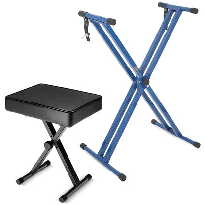 5Core Keyboard Stand Double X Style Adjustable Piano Riser BLUE + Keyboard Piano Bench BLACK