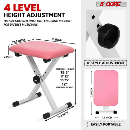 5 Core Keyboard Bench X Style Piano Stool Padded Adjustable Keyboards Chair Pink