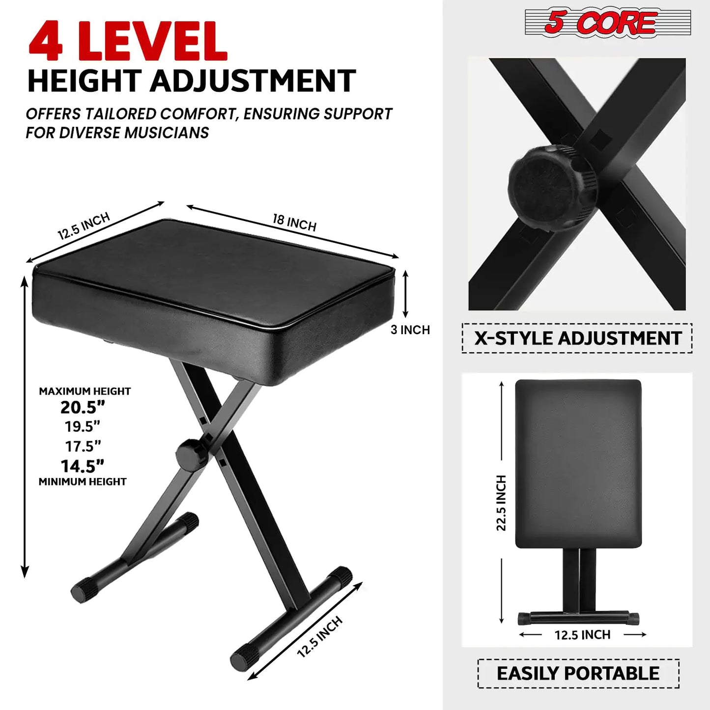 5Core Keyboard Stand Double X Style Adjustable Piano Riser BLUE + Keyboard Piano Bench BLACK