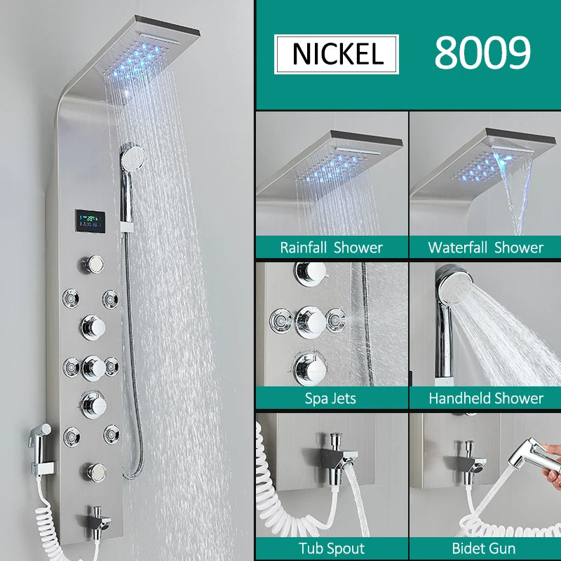 Black Nickel LED Shower Panel Six Functions Shower Column Rain Waterfall Shower Massage Spa Jets Tub Shower With Bidet Bath Taps