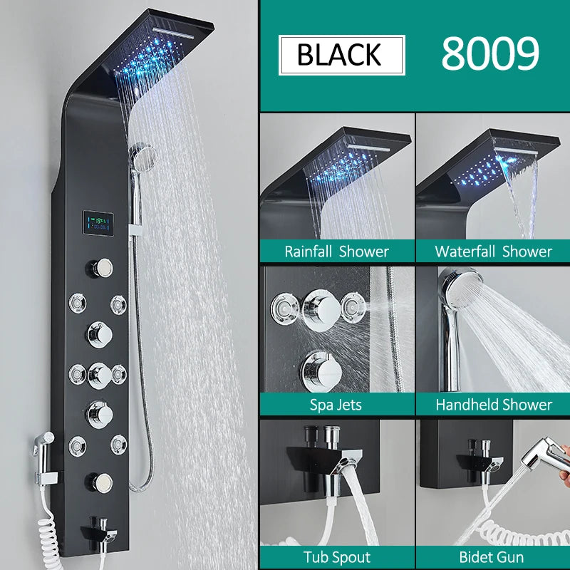 Black Nickel LED Shower Panel Six Functions Shower Column Rain Waterfall Shower Massage Spa Jets Tub Shower With Bidet Bath Taps