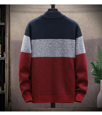 Autumn Winter Cardigan Sweater Men Fleece Zipper Sweaters Velvet Contrast Striped Sweater Coats Casual Jackets