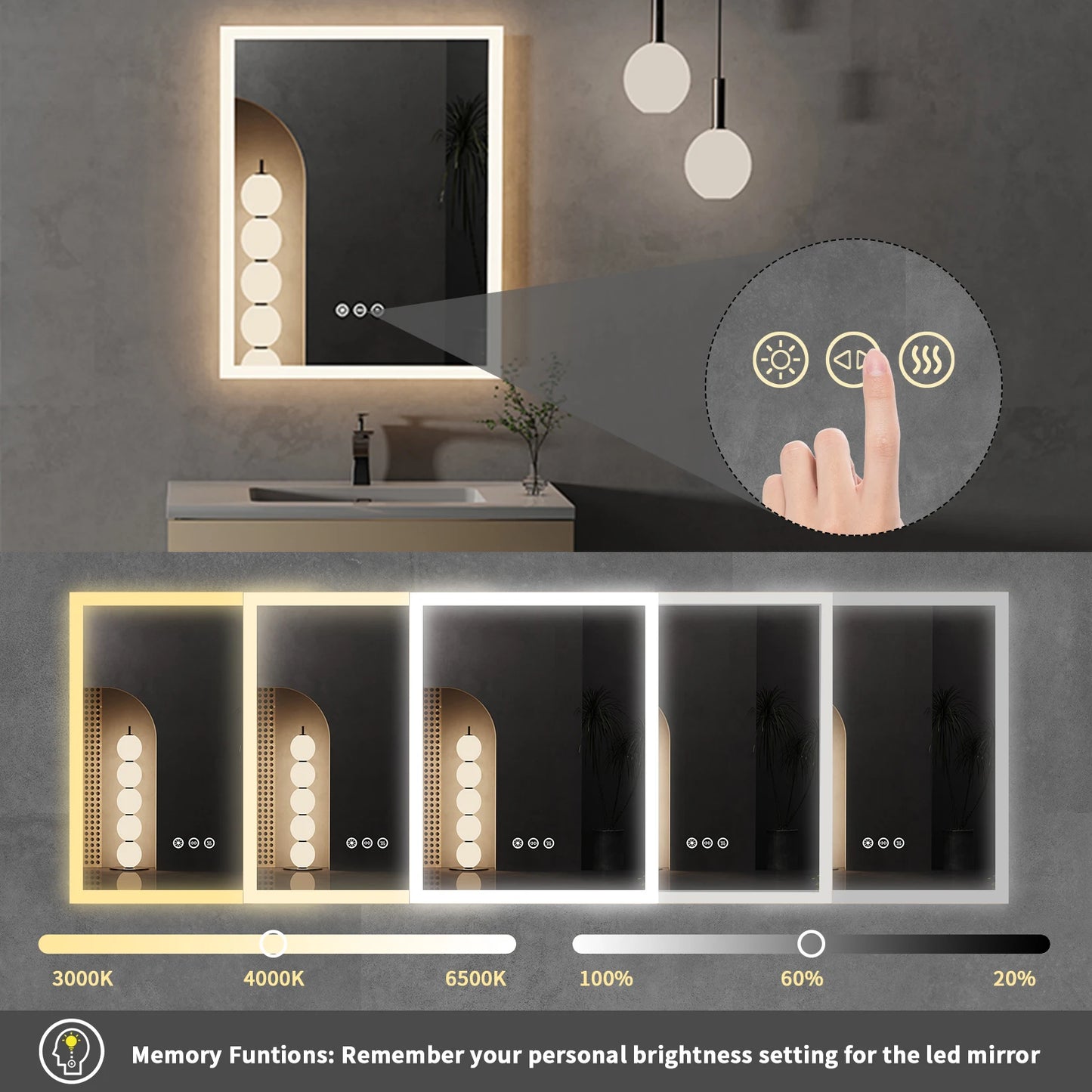 16x20 inch LED Lighted Bathroom Mirror Modern Oval LED Frameless Mirror with Illuminated HD Glass for Bathroom & Makeup