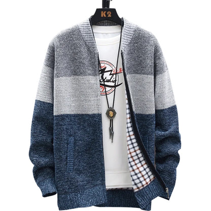 Autumn Winter Cardigan Sweater Men Fleece Zipper Sweaters Velvet Contrast Striped Sweater Coats Casual Jackets