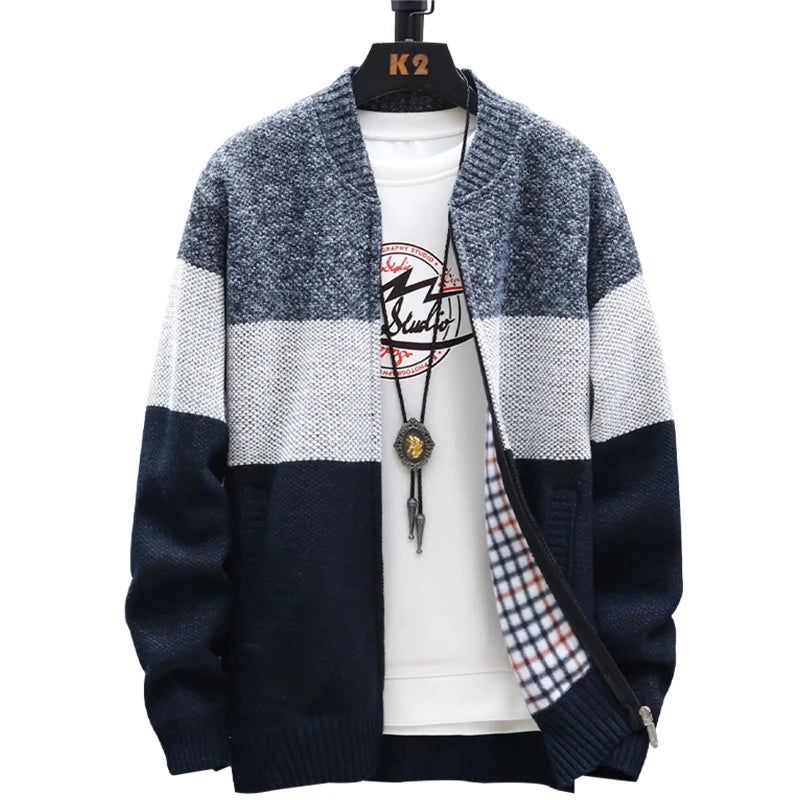 Autumn Winter Cardigan Sweater Men Fleece Zipper Sweaters Velvet Contrast Striped Sweater Coats Casual Jackets