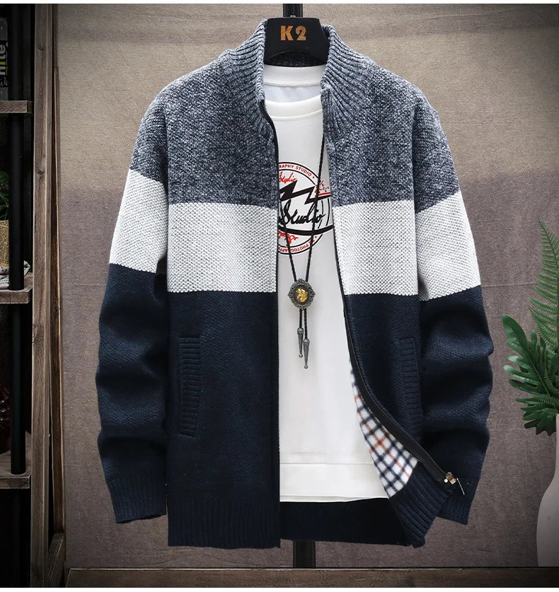 Autumn Winter Cardigan Sweater Men Fleece Zipper Sweaters Velvet Contrast Striped Sweater Coats Casual Jackets