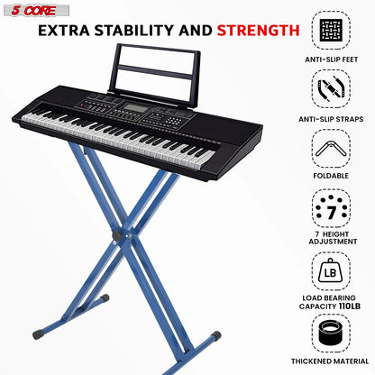 5Core Keyboard Stand Double X Style Adjustable Piano Riser BLUE + Keyboard Piano Bench BLACK