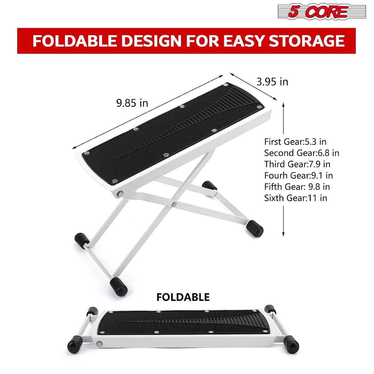 5Core Guitar Foot Stool Height Adjustable Folding Leg Rest Classical Footrest WHITE